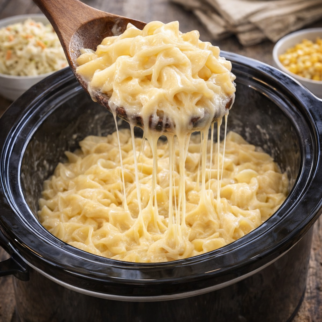 Slow cooker Swiss cheese noodles served family-style