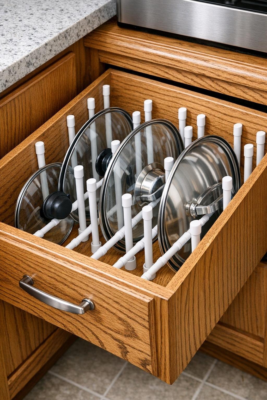Finished DIY kitchen lid organizer with white plastic tension rods inside a deep oak cabinet drawer