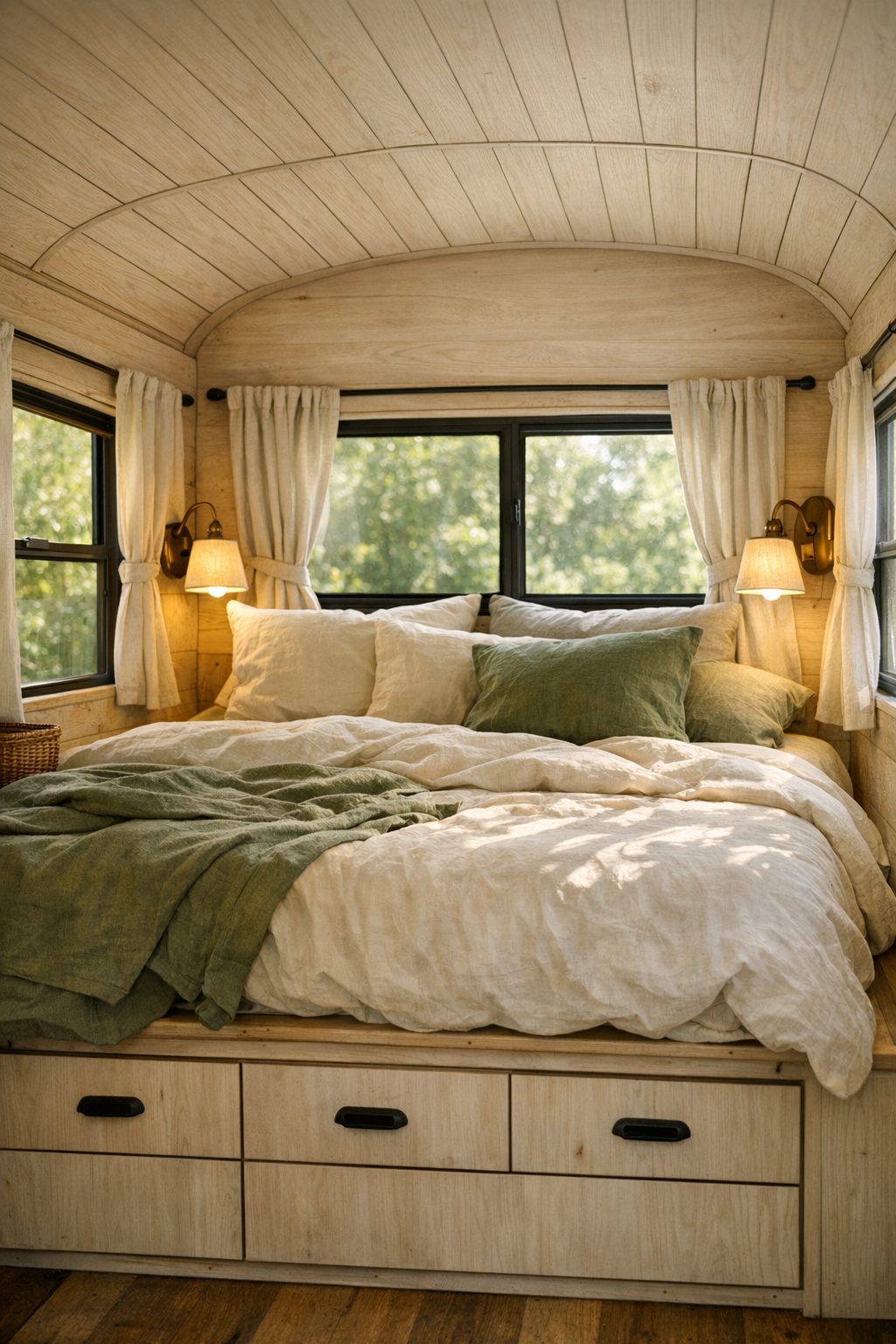Peaceful rear bedroom in a converted bus with built-in bed and soft linen bedding