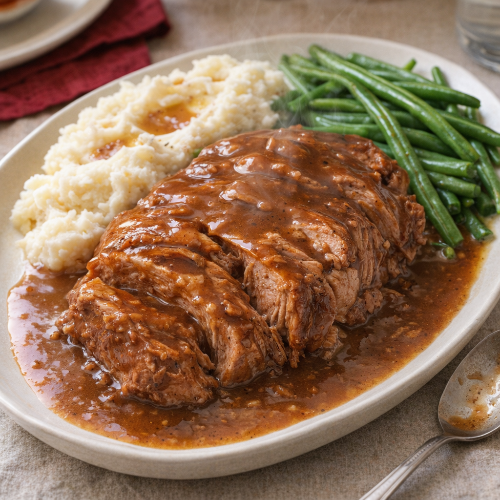Slow cooker pork roast on a family dinner table