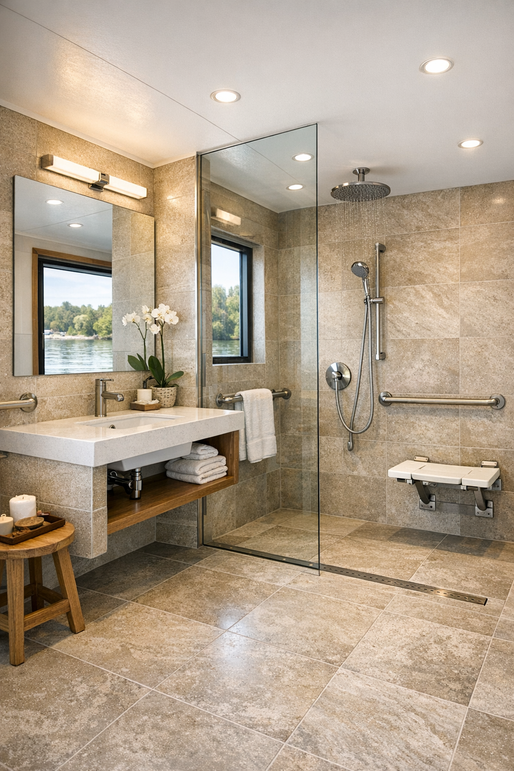 Elegant accessible bathroom with a curbless shower, stone-look tile, and a floating vanity