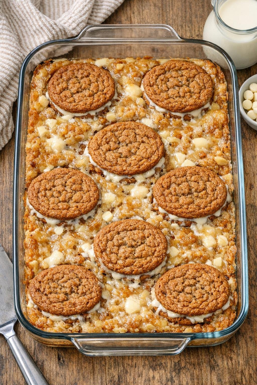 Finished oatmeal creme pie bars in a glass baking dish
