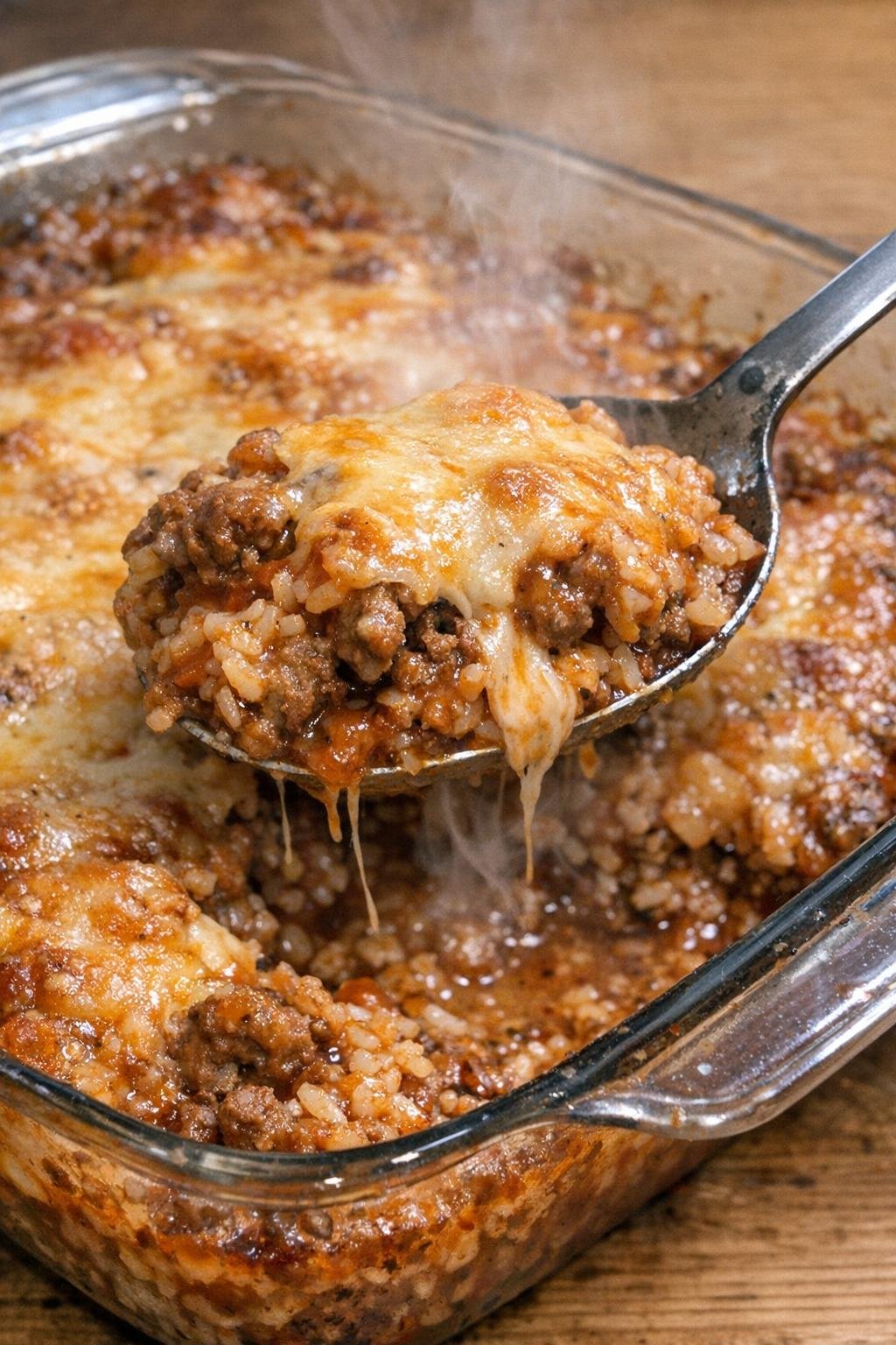 Bubbly baked ground beef casserole in a glass dish