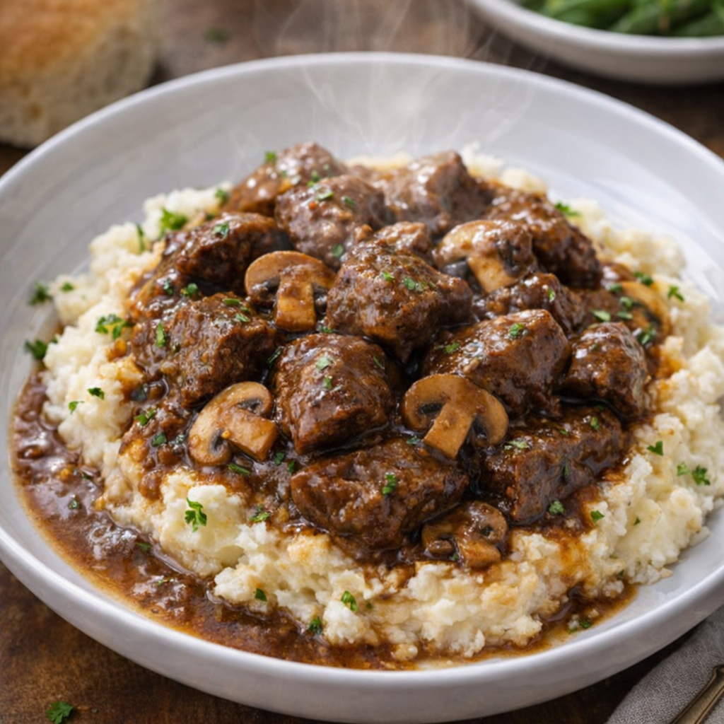 Slow cooker beef tips served over mashed potatoes