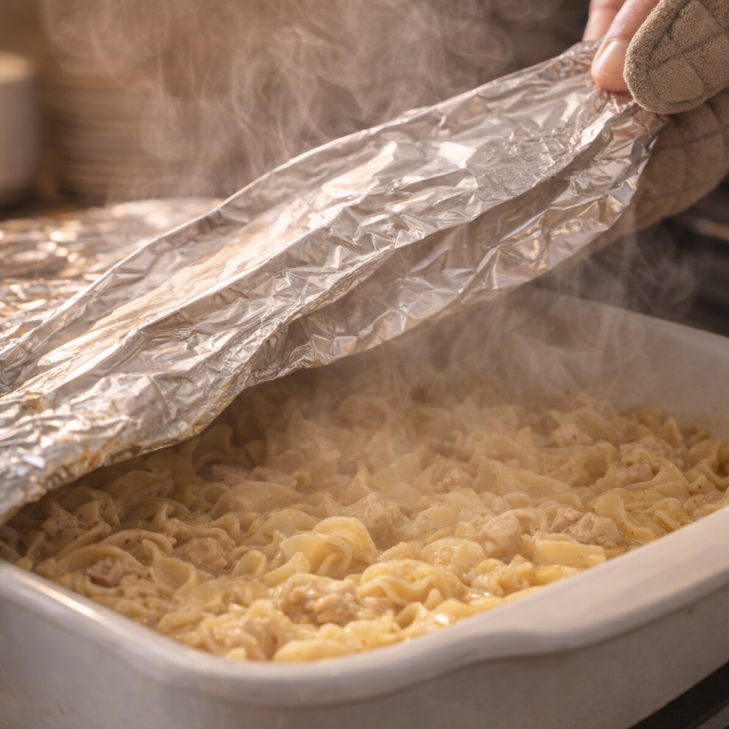Foil-covered casserole dish being uncovered after baking