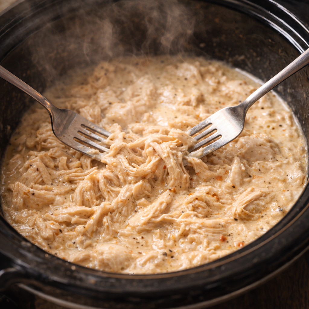 Tender shredded chicken in creamy sauce inside the slow cooker
