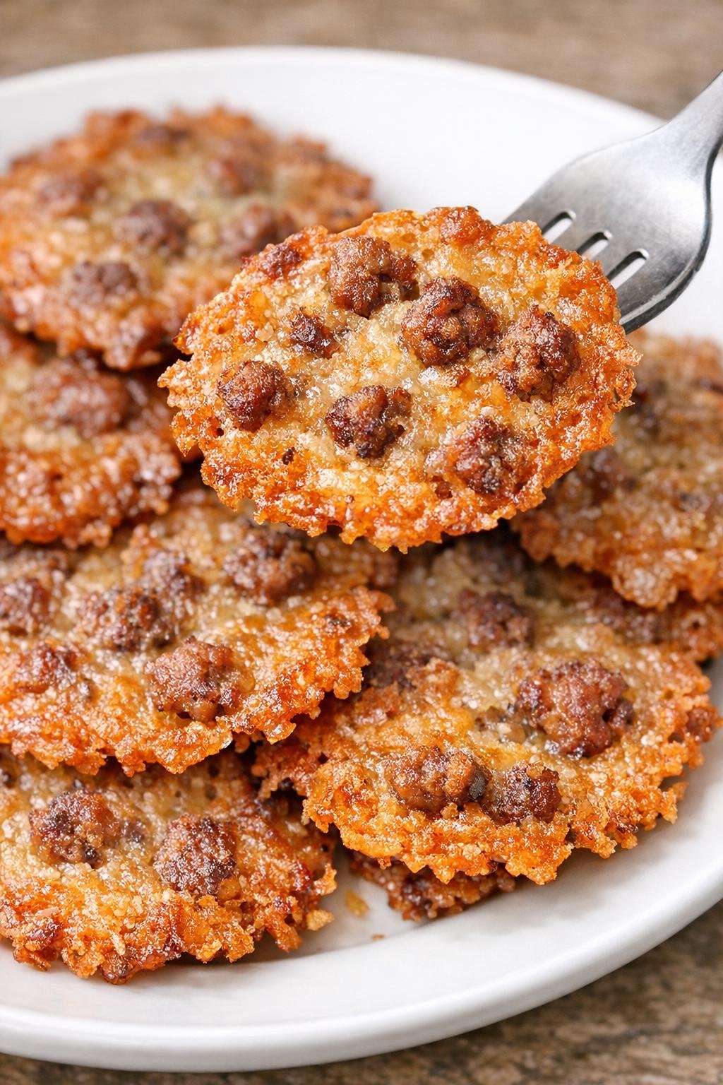 Low carb sausage talbot crisps on a white plate