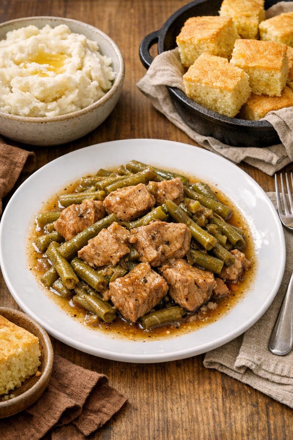 Finished vintage green bean pork served on a plate