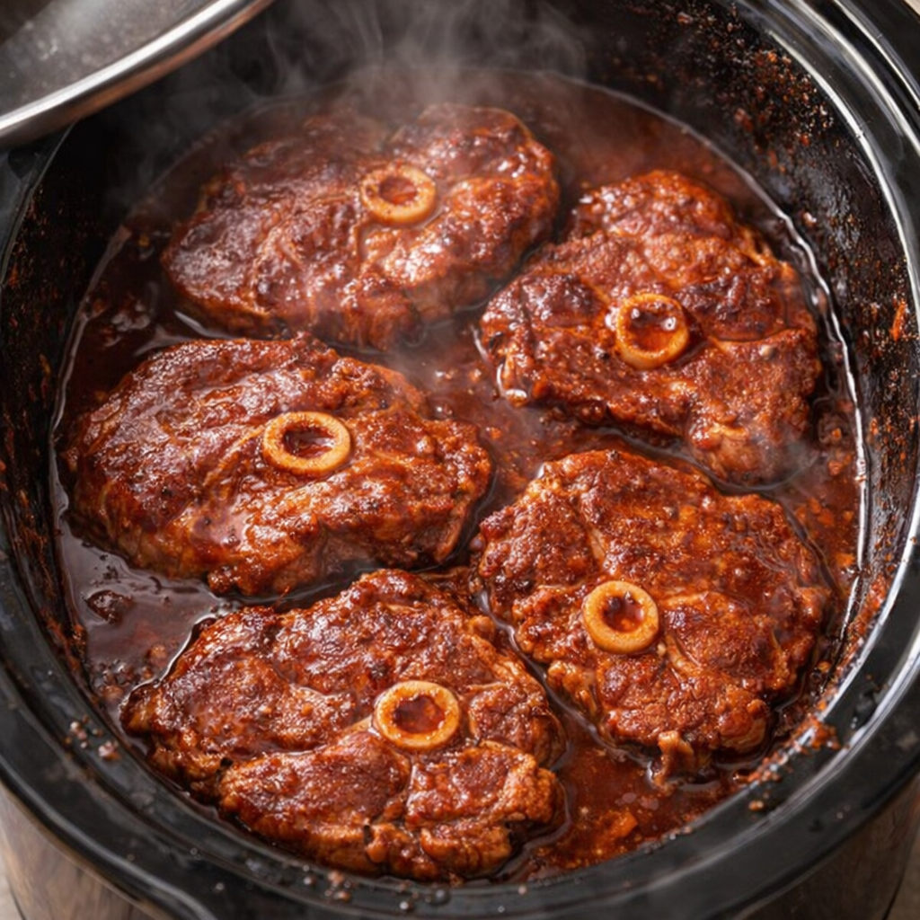 Pork steaks cooking in barbecue sauce in a slow cooker