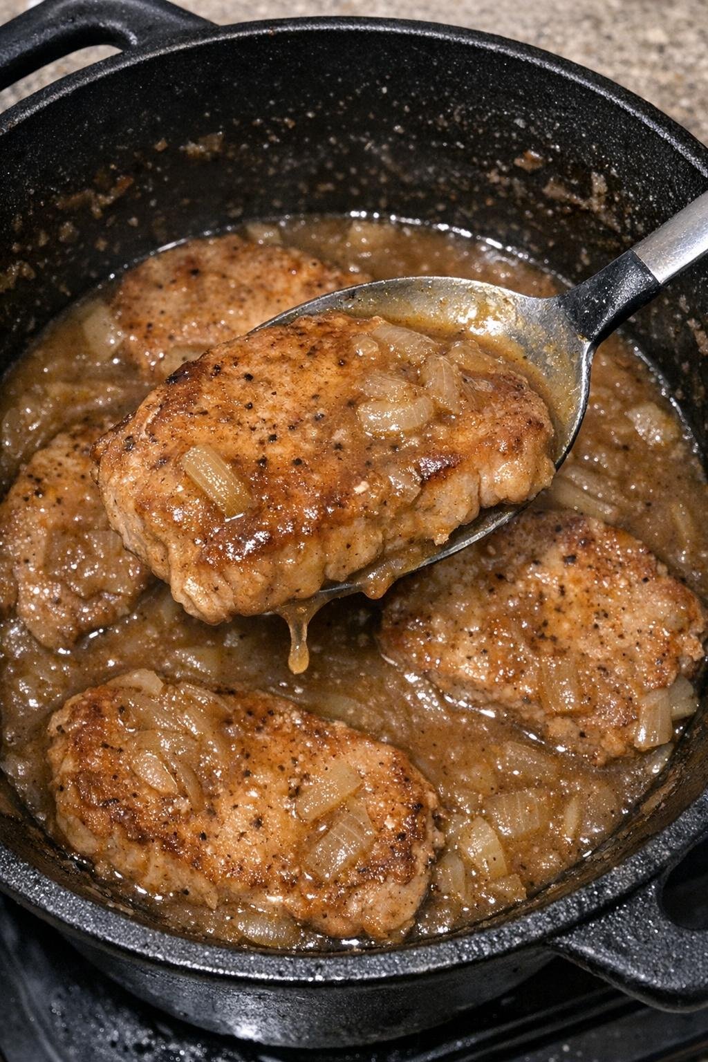 Pork chops simmering in gravy in a black pot