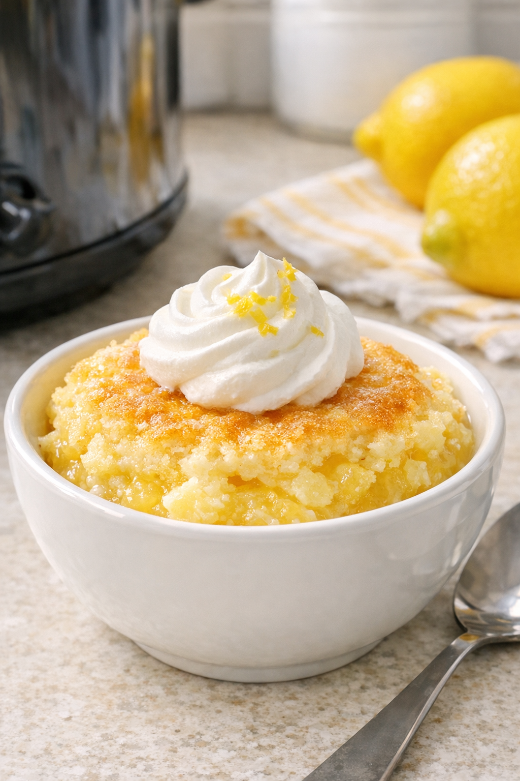 Finished slow cooker lemon dessert served in a bowl