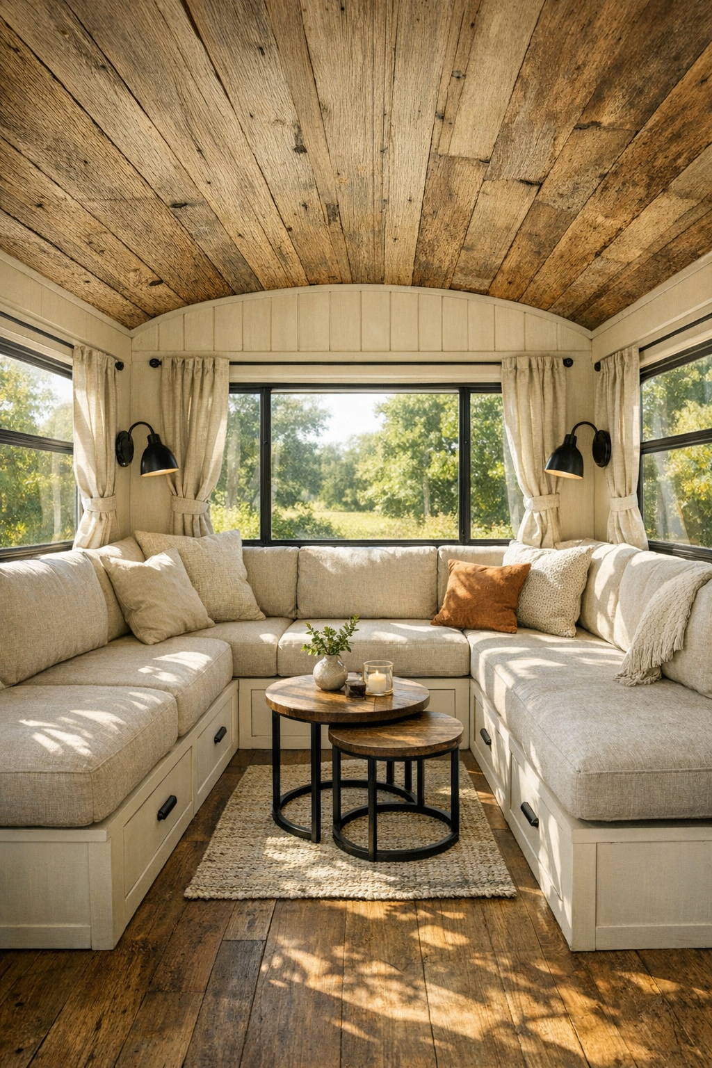 Rustic bus living room with built-in linen bench seating and reclaimed wood ceiling