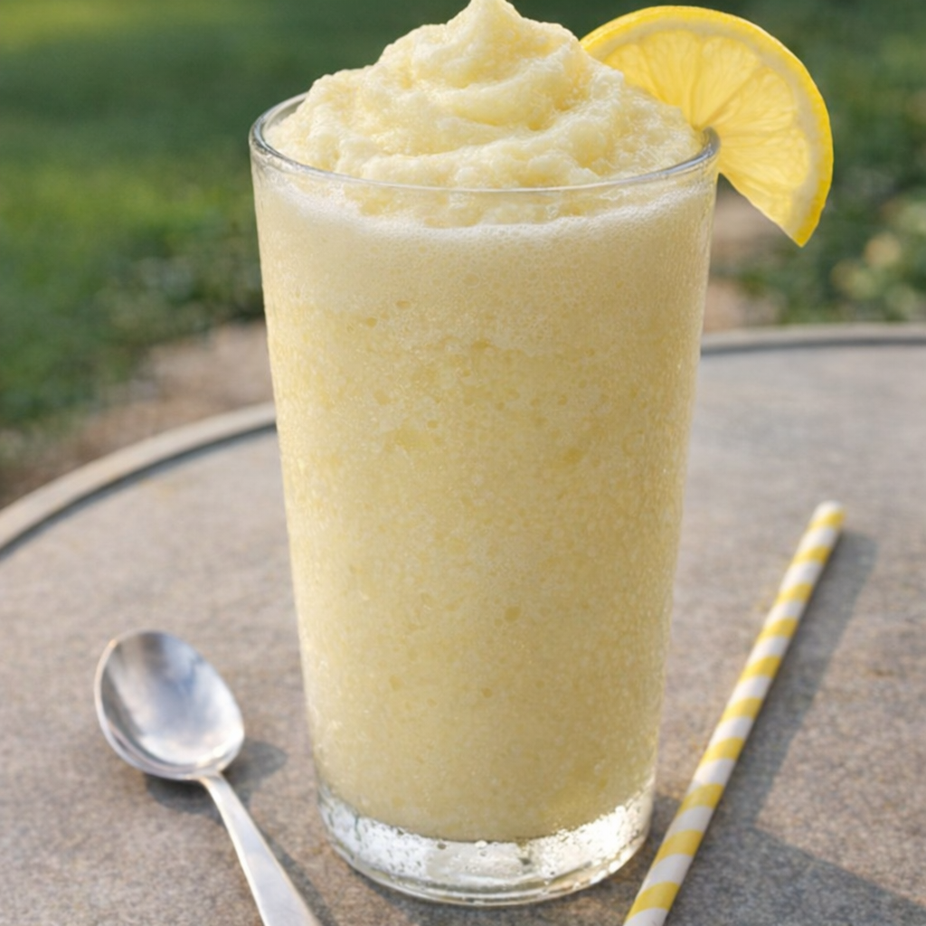 Tall glass of whipped lemonade on a patio table