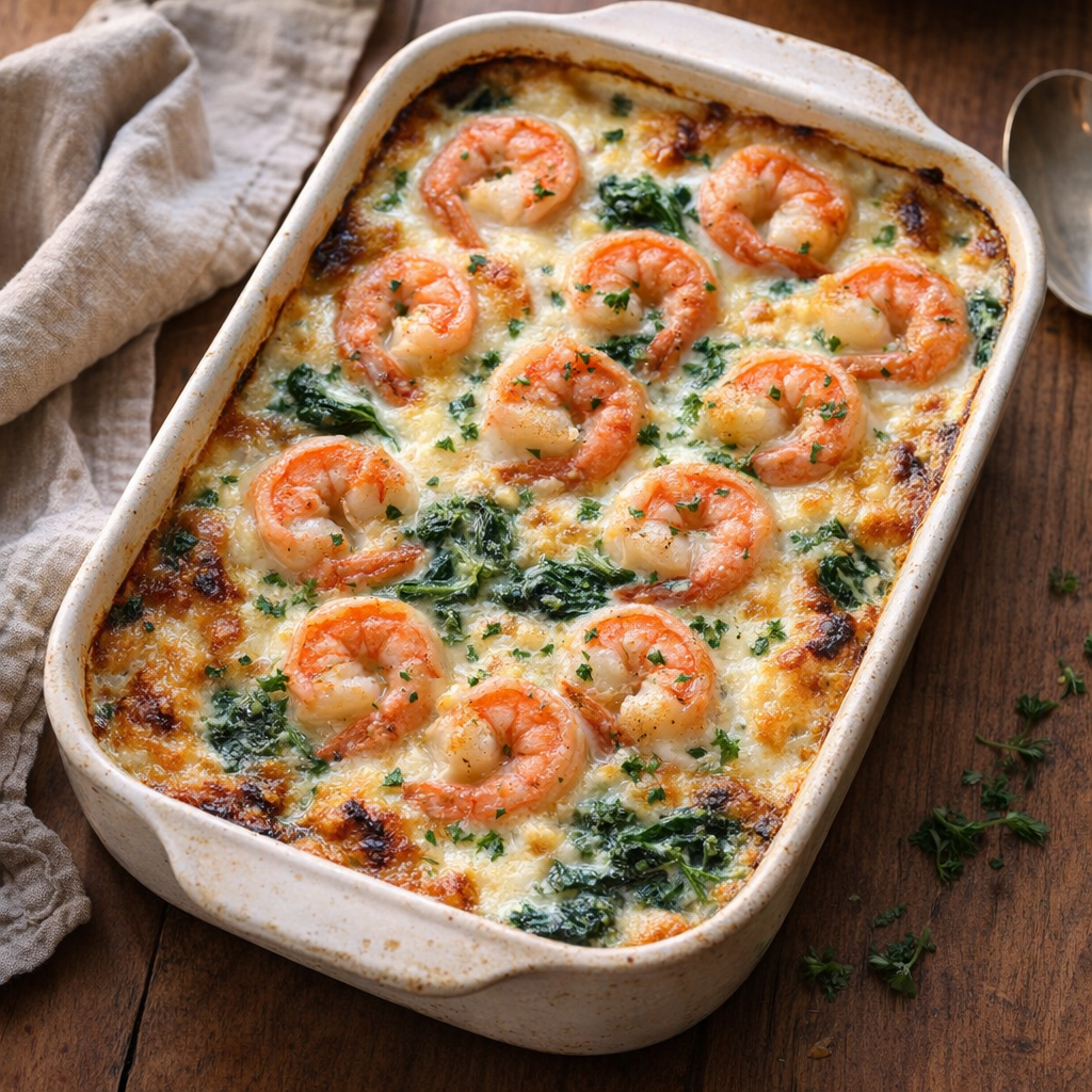 Baked shrimp and spinach gratin in a casserole dish