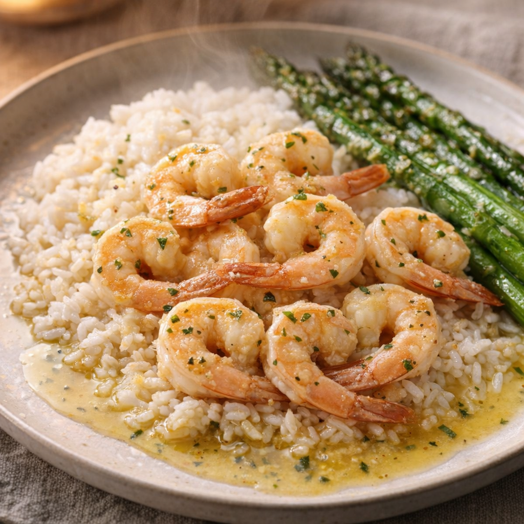 Garlic butter shrimp served over rice with green vegetables