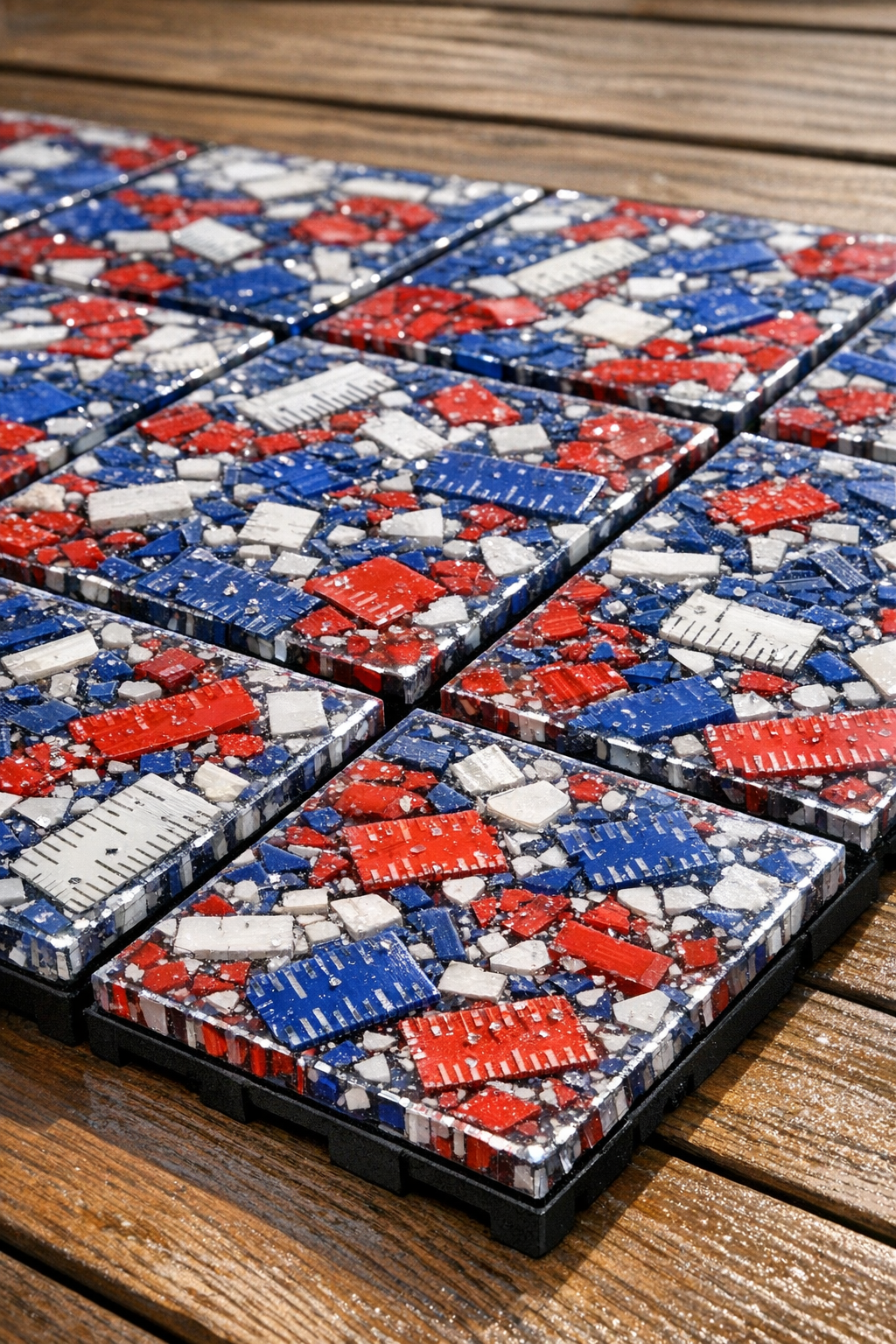 Finished rugged deck tiles made from baked red white and blue plastic rulers