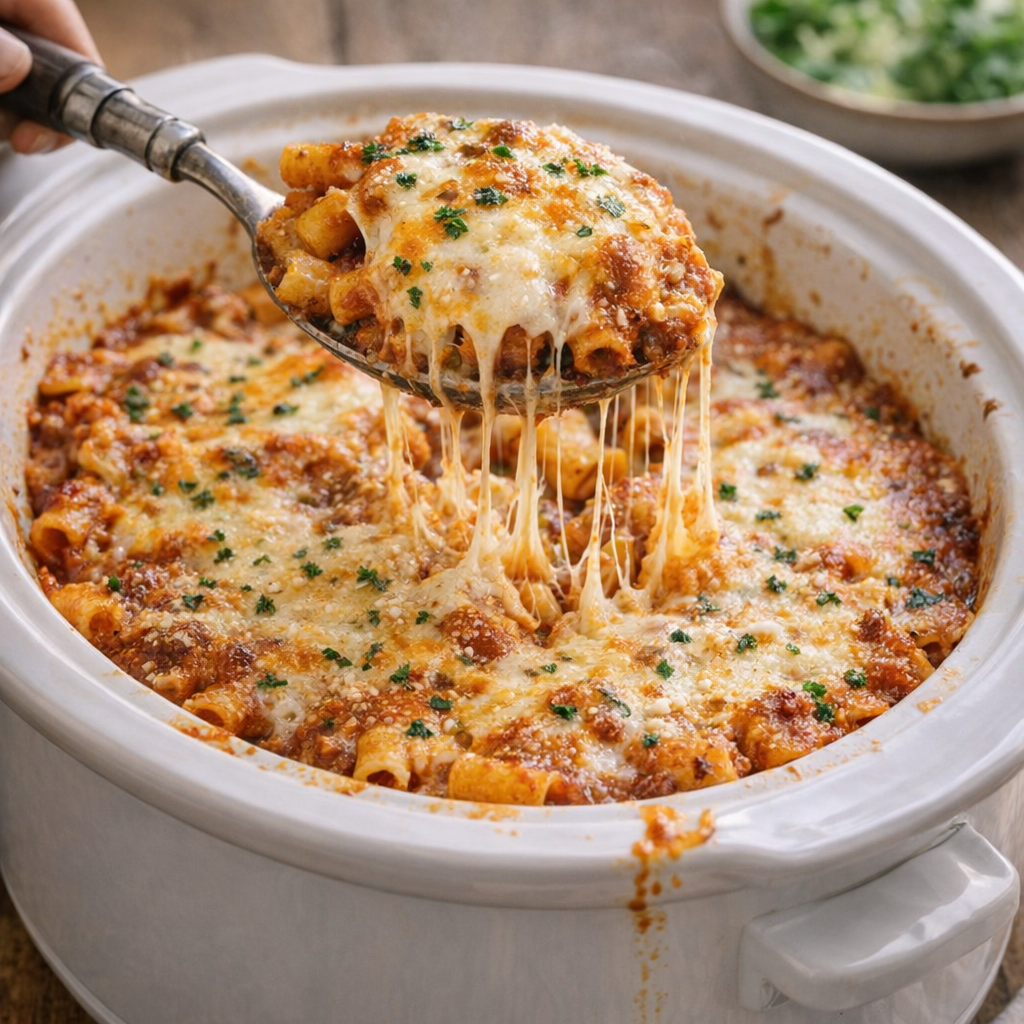 Långkokt mostaccioli serverad i en gryta