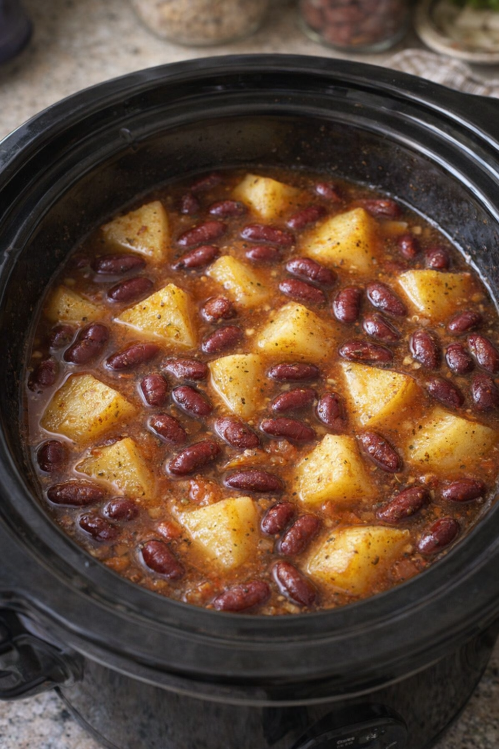 Slowcooker gevuld met aardappelen, bonen en bouillon vóór het koken