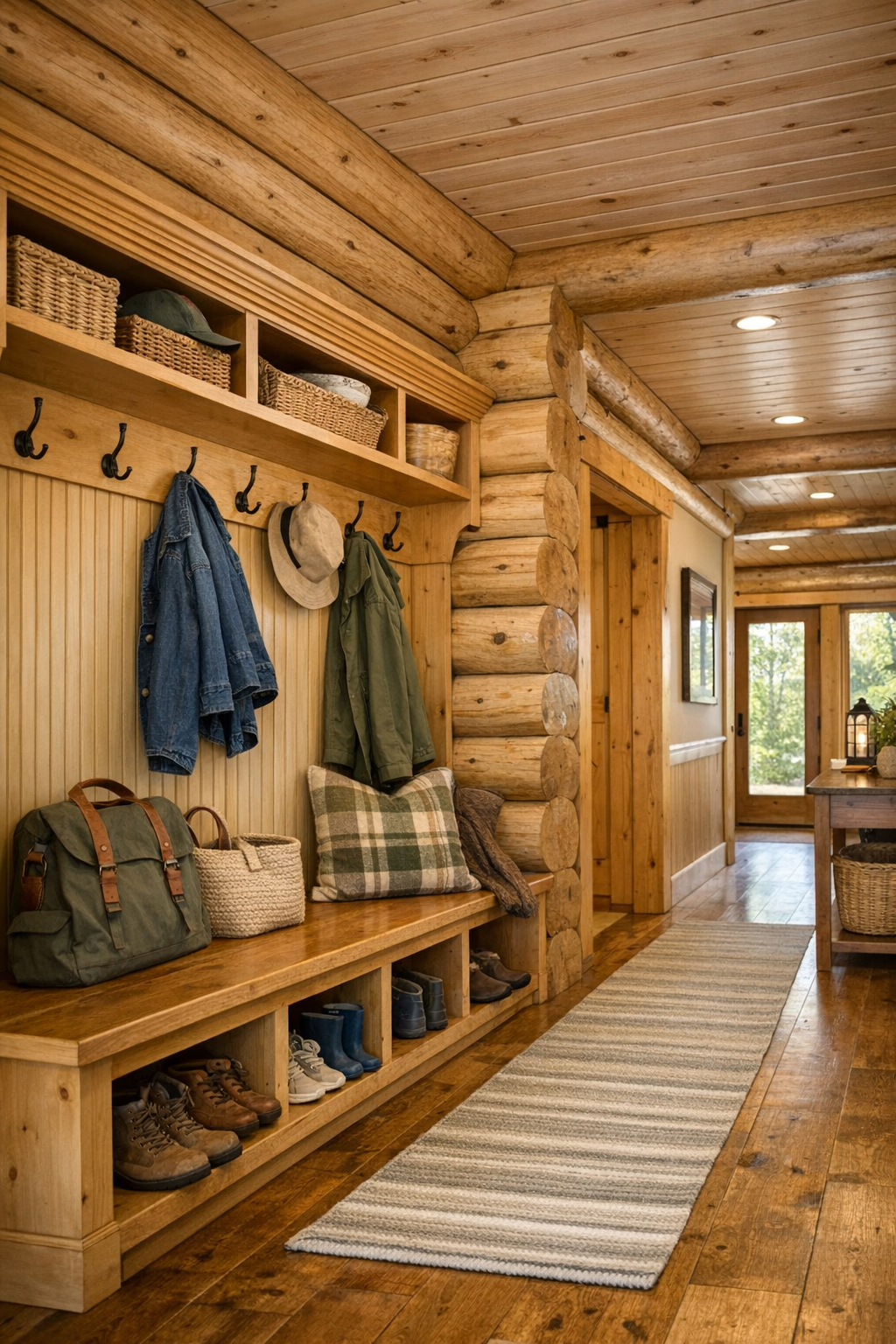 Well-crafted mudroom and hall area with built-in bench, hooks, and practical wood storage