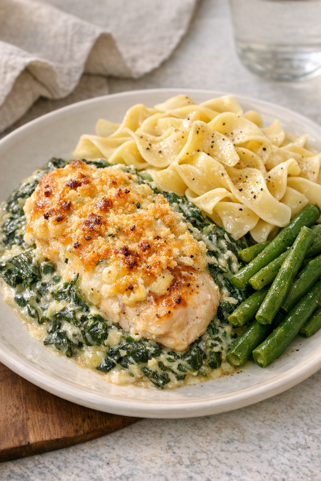 Plated chicken Florentine casserole with simple sides