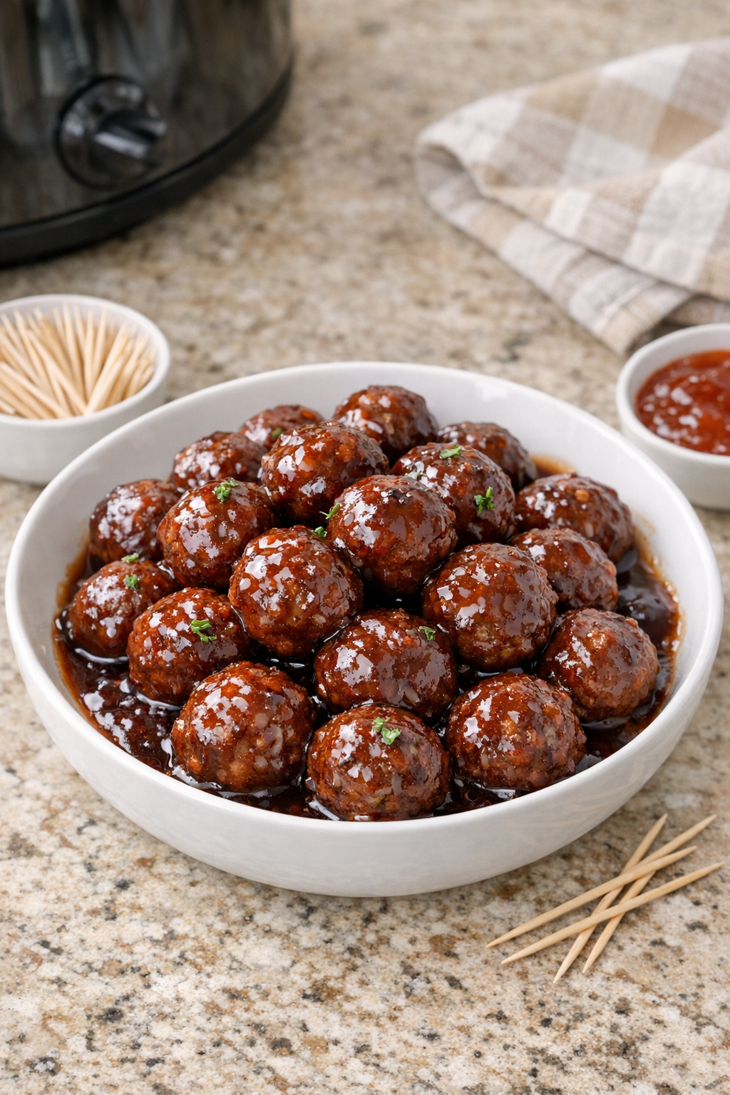 Finished cocktail meatballs plated in a serving bowl