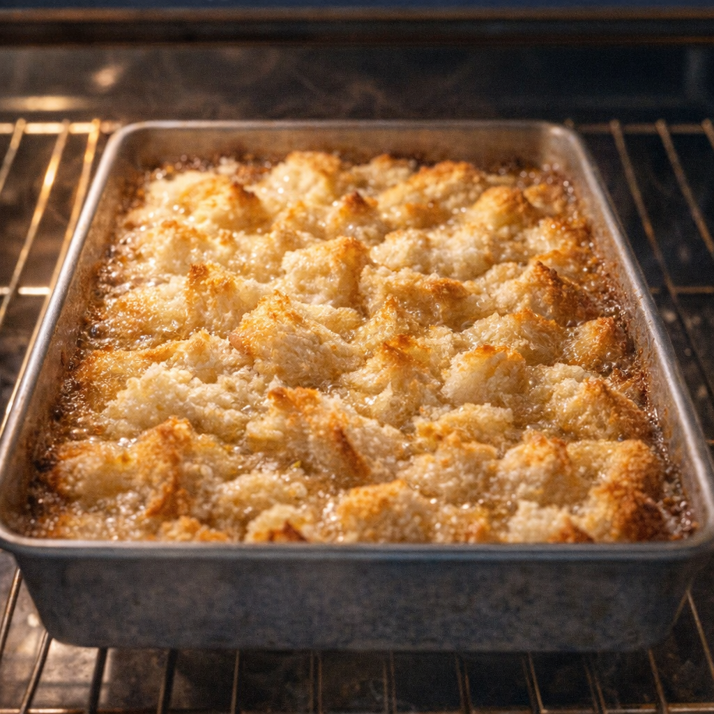 Golden torn bread dessert baking in the oven