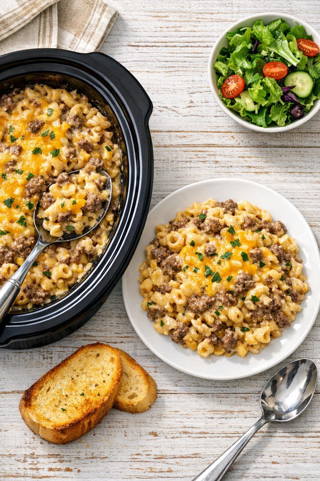 Finished creamy beef bake in a slow cooker