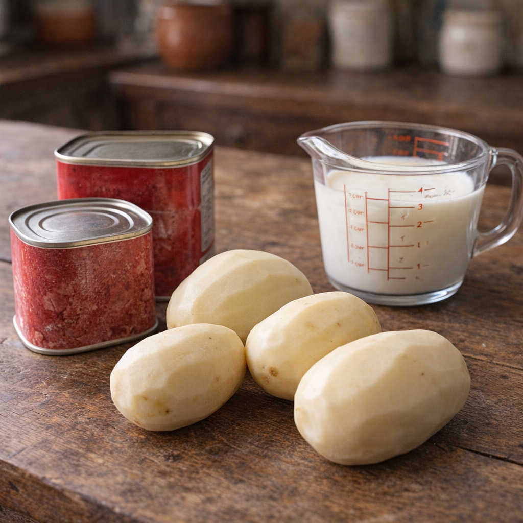 Simple ingredients for corned beef potato pie on a kitchen table