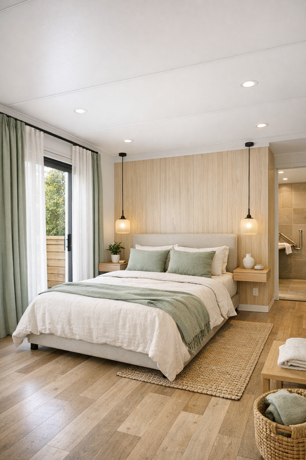 Serene bedroom with soft sage details, linen bedding, and light wood finishes