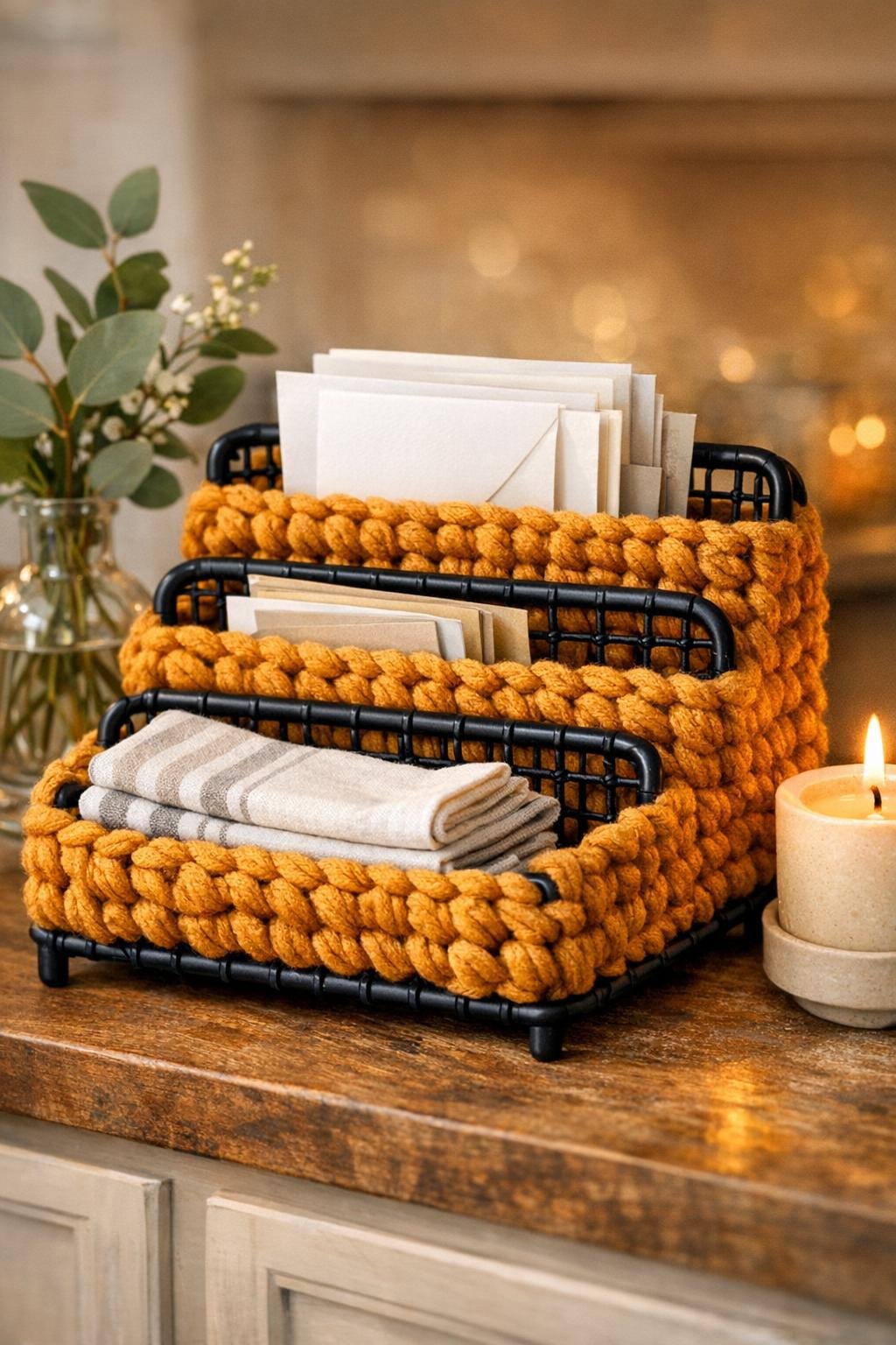 Finished crocheted decorative basket made from a wire letter sorter