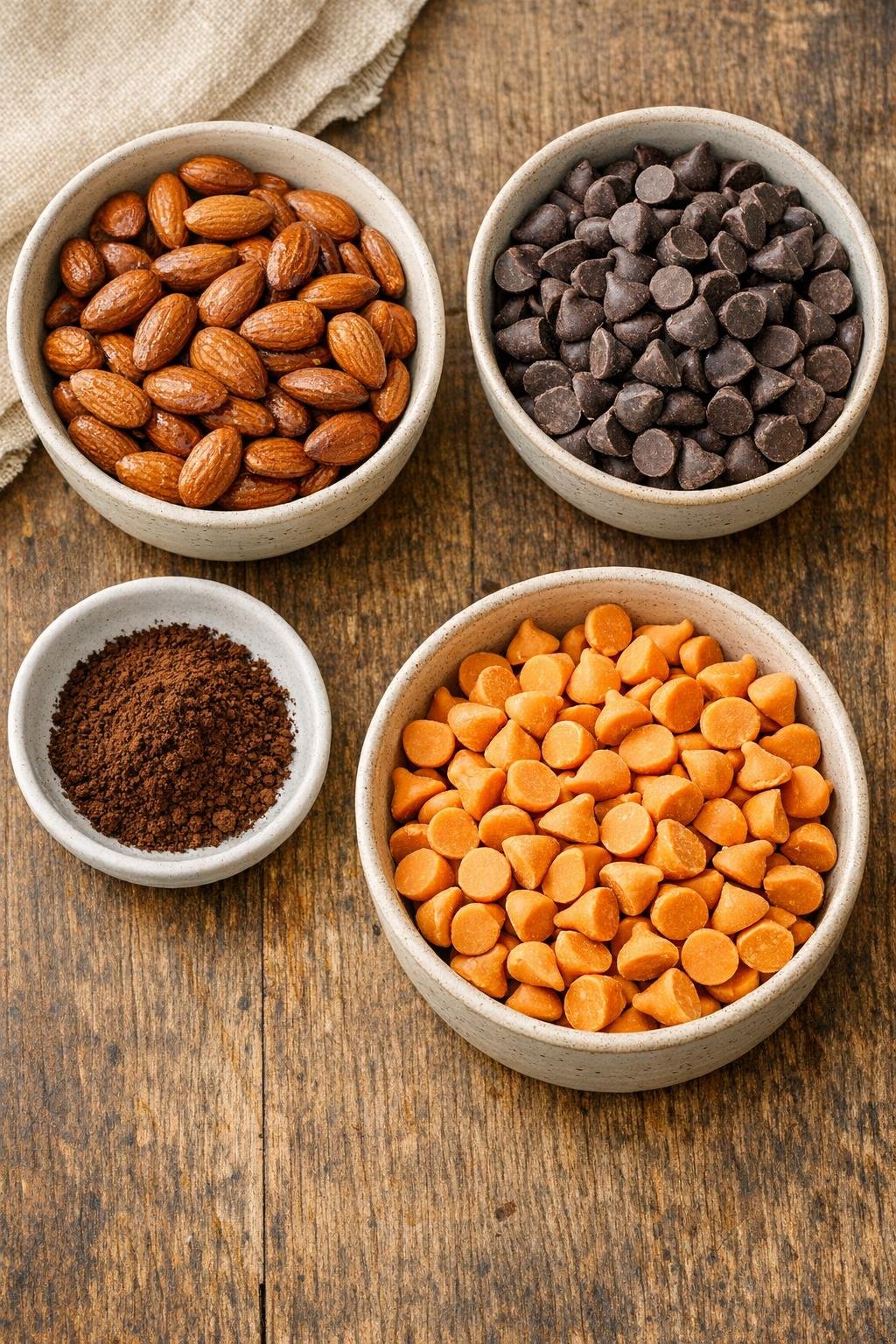 Amandelen, chocoladechips, espressopoeder en pompoenchips afgemeten.