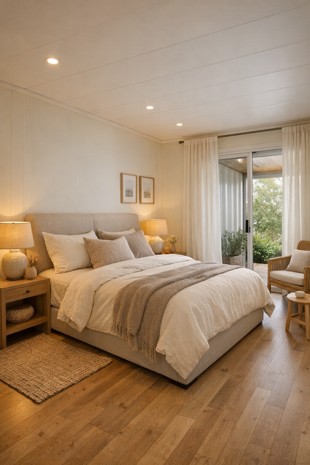 Calm modern bedroom with buttercream walls, an upholstered bed, and layered neutral textiles