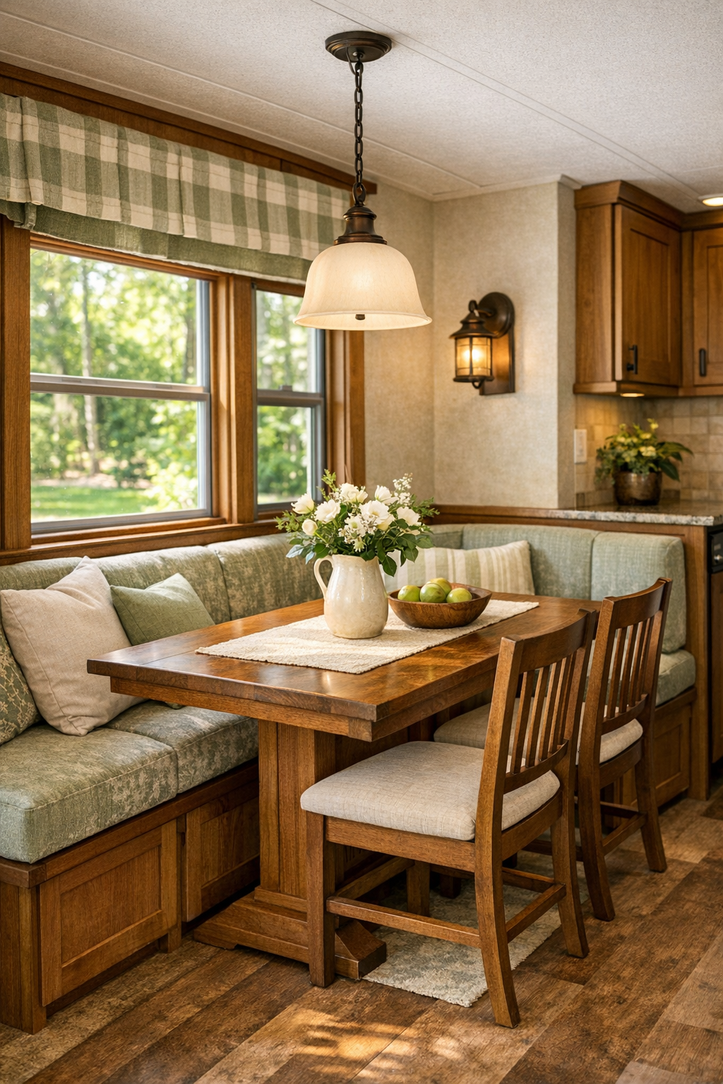 Bright dining nook with built-in banquette and craftsman wood table