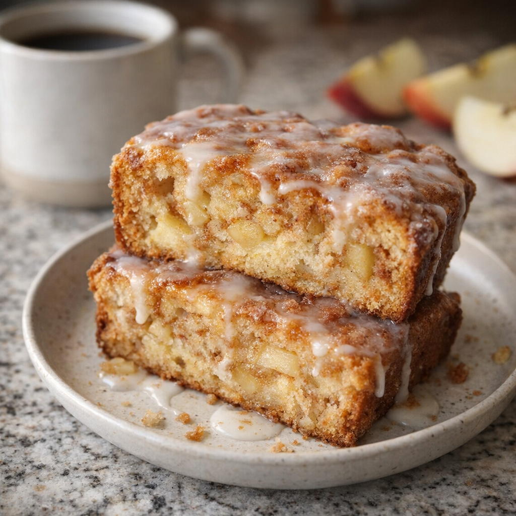 Sliced apple fritter bread served on a plate