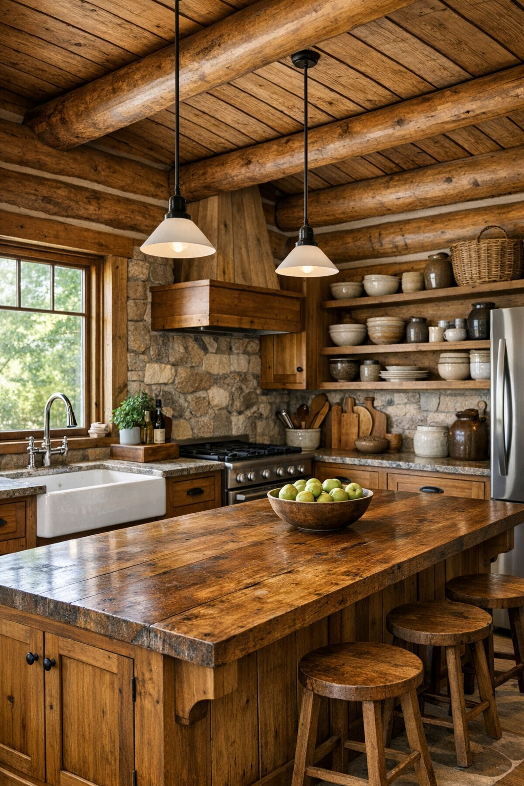 Kitchen with handcrafted cabinetry, stone counters, and a large central island