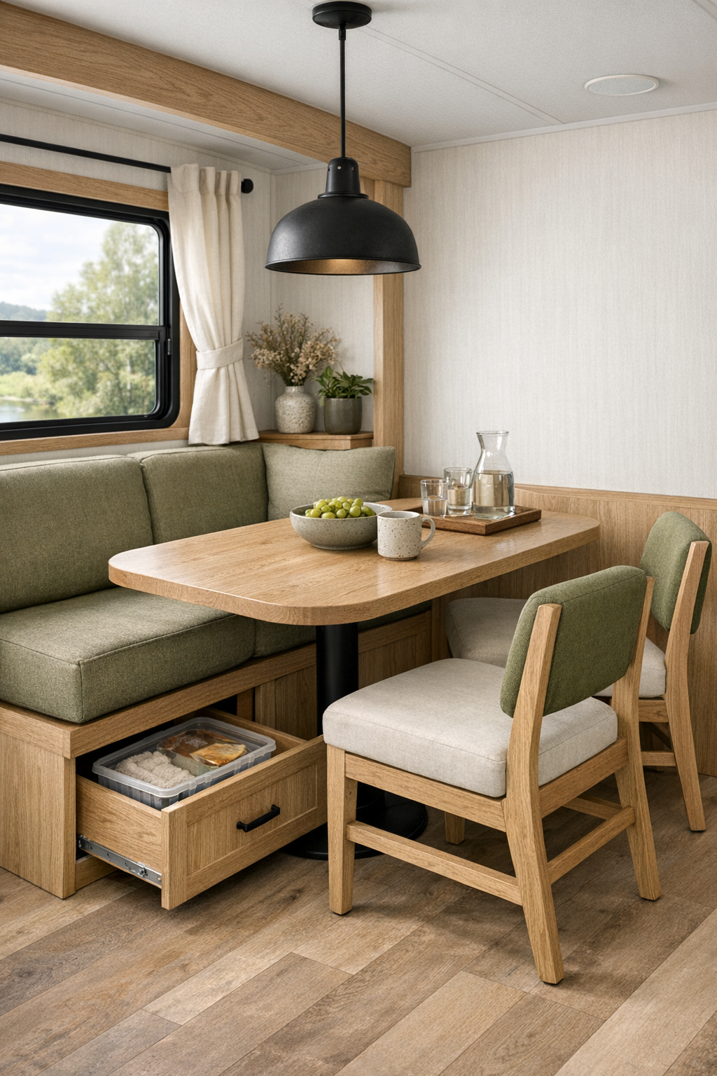 Compact RV dining area with oak banquette and rounded wood table