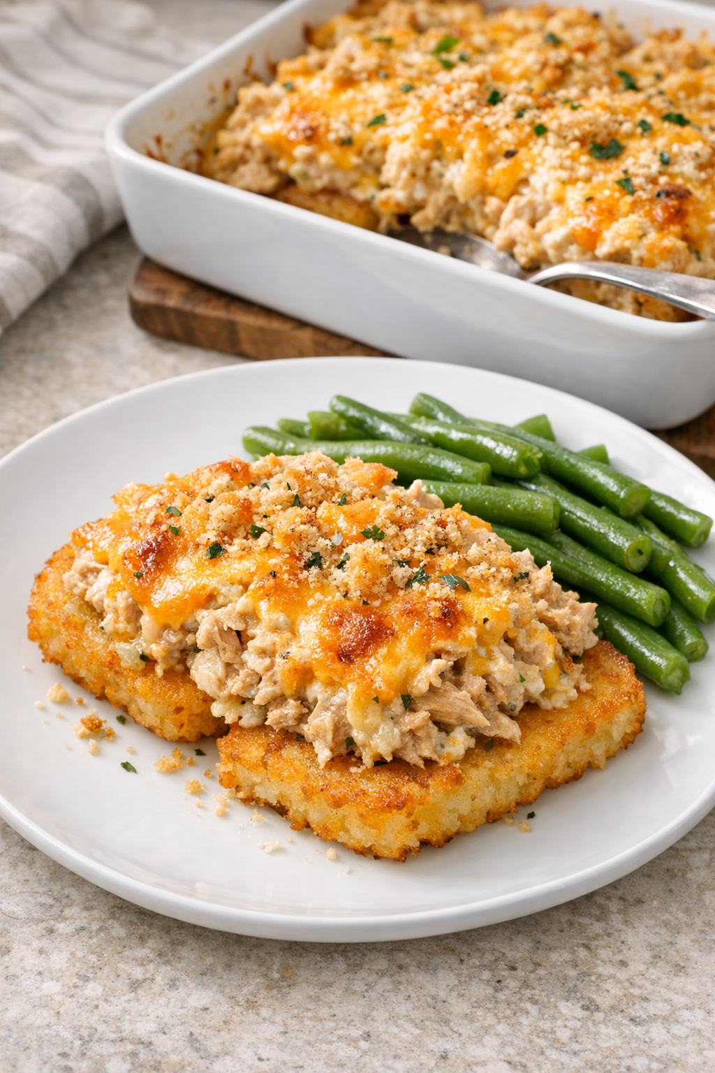 Baked tuna hashbrown casserole plated for serving