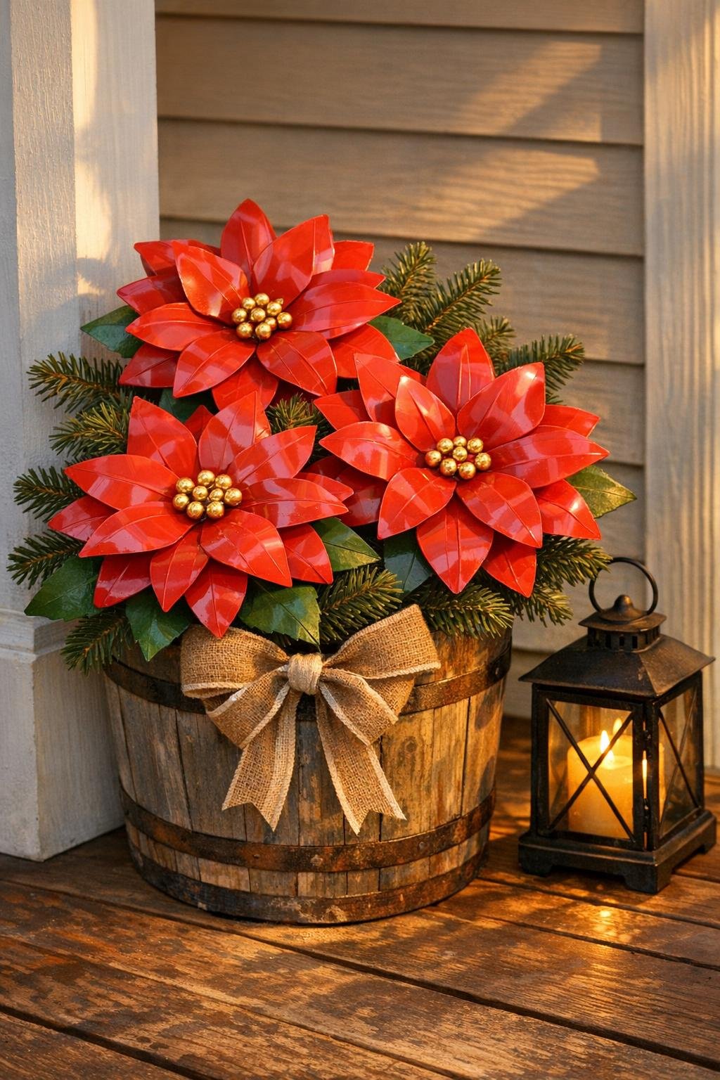 Finished porch poinsettias made from milk jugs displayed on a front porch