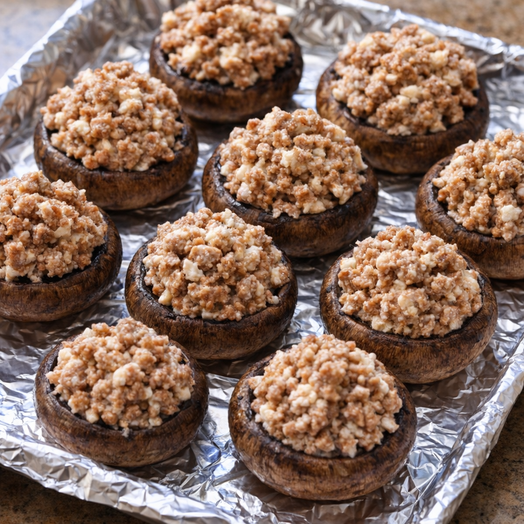 Unbaked stuffed mushrooms arranged on a foil-lined sheet pan