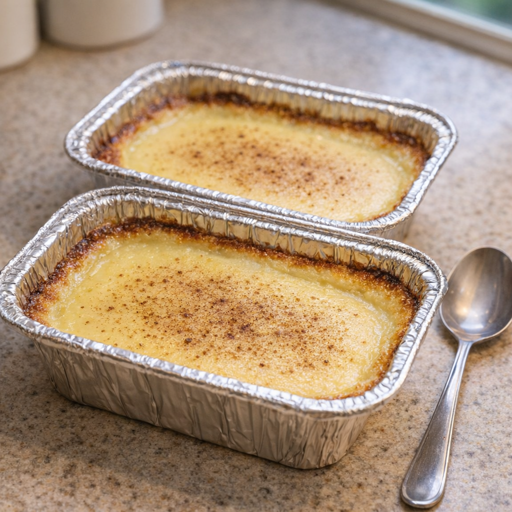 Freshly baked egg custard in foil trays on a kitchen counter