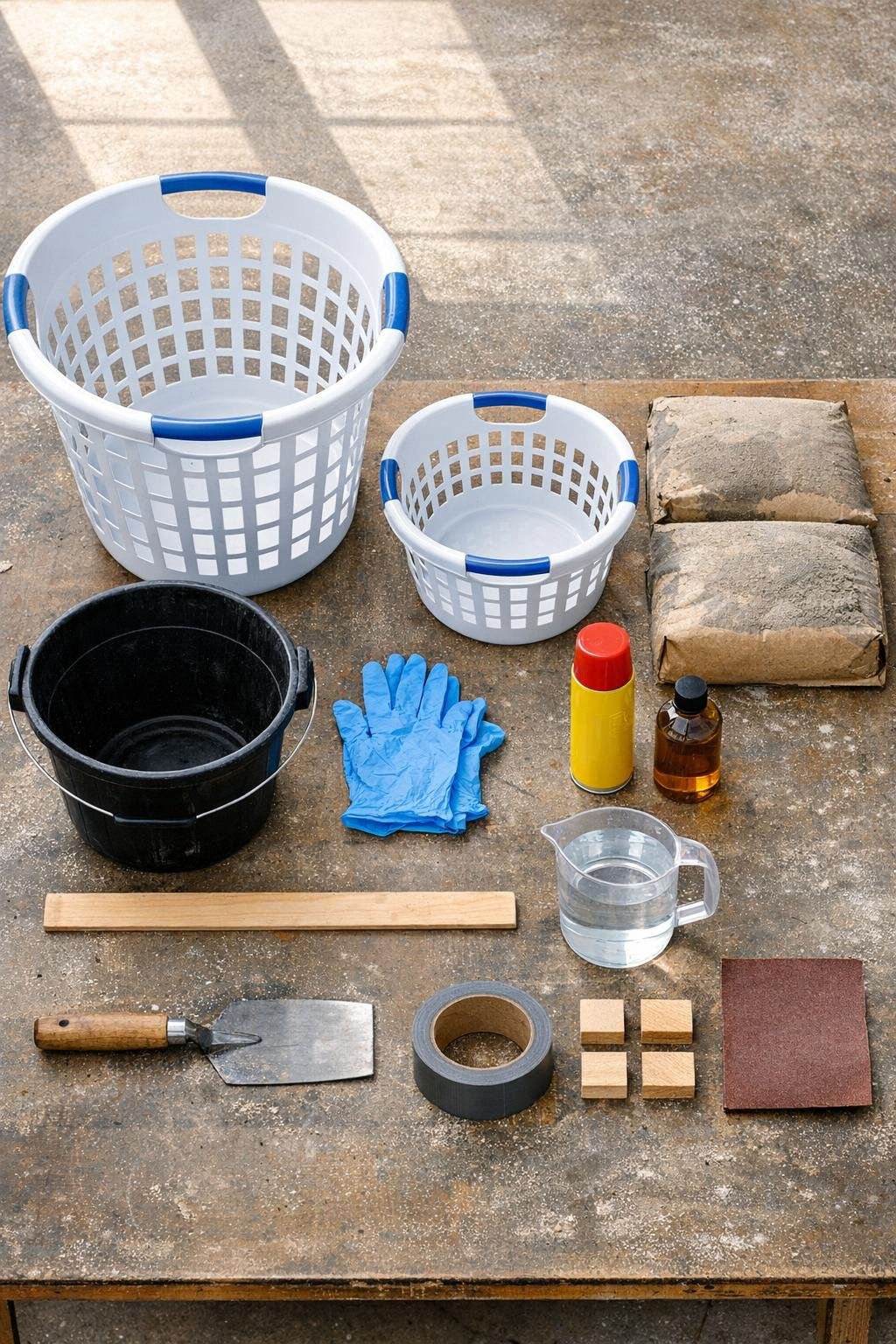 Materials for making a cement basket-weave planter laid out on a work table