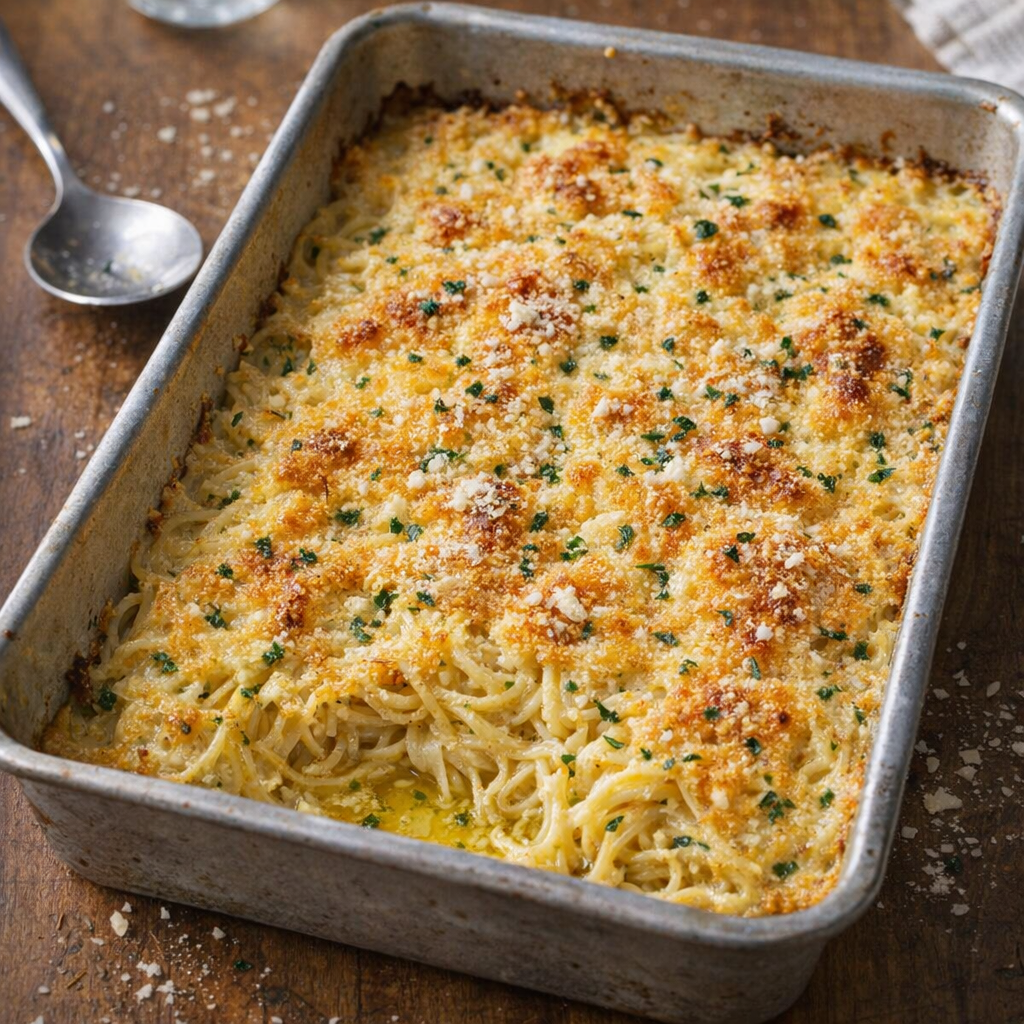 Freshly baked garlic parmesan noodles in a metal pan
