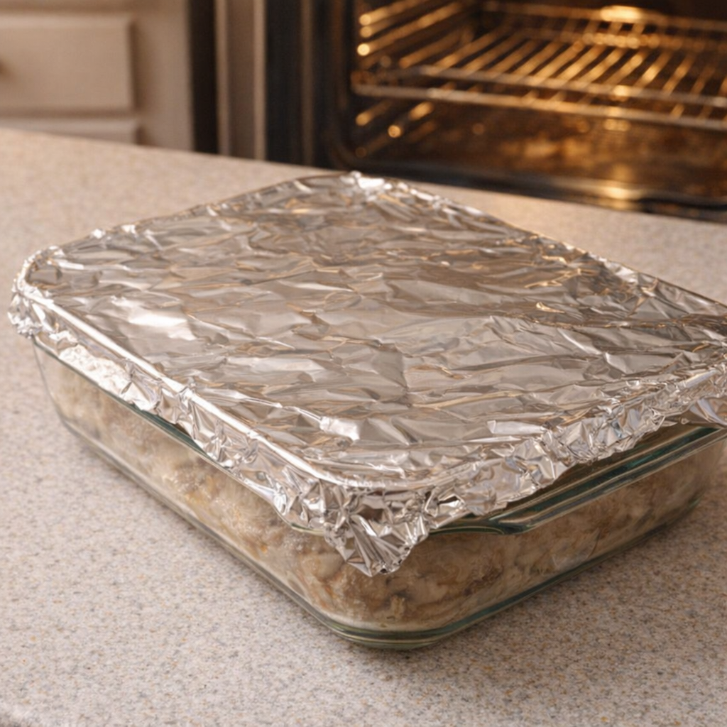Foil-covered baking dish ready for the oven