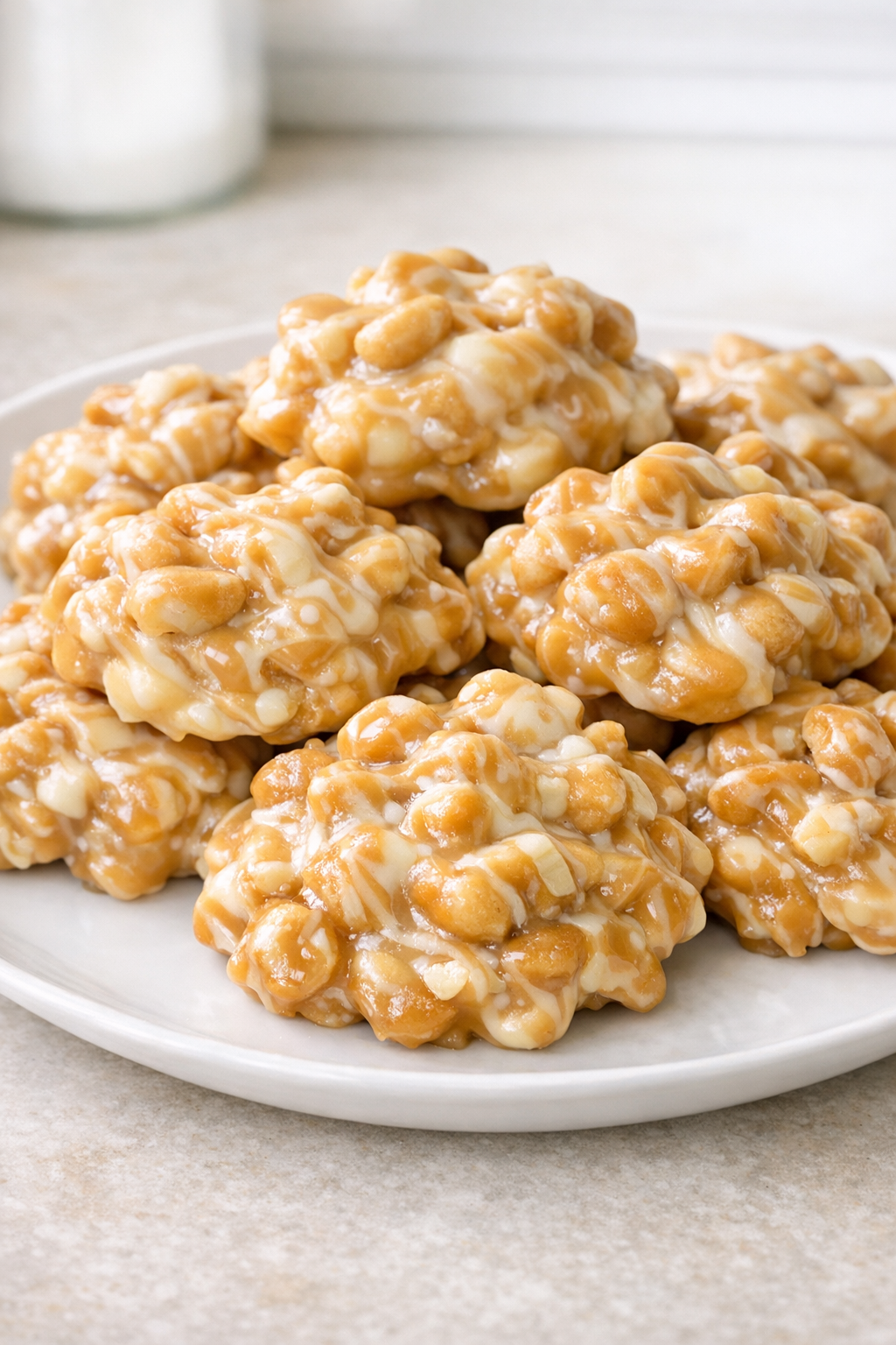 Finished caramel candy clusters on a serving plate