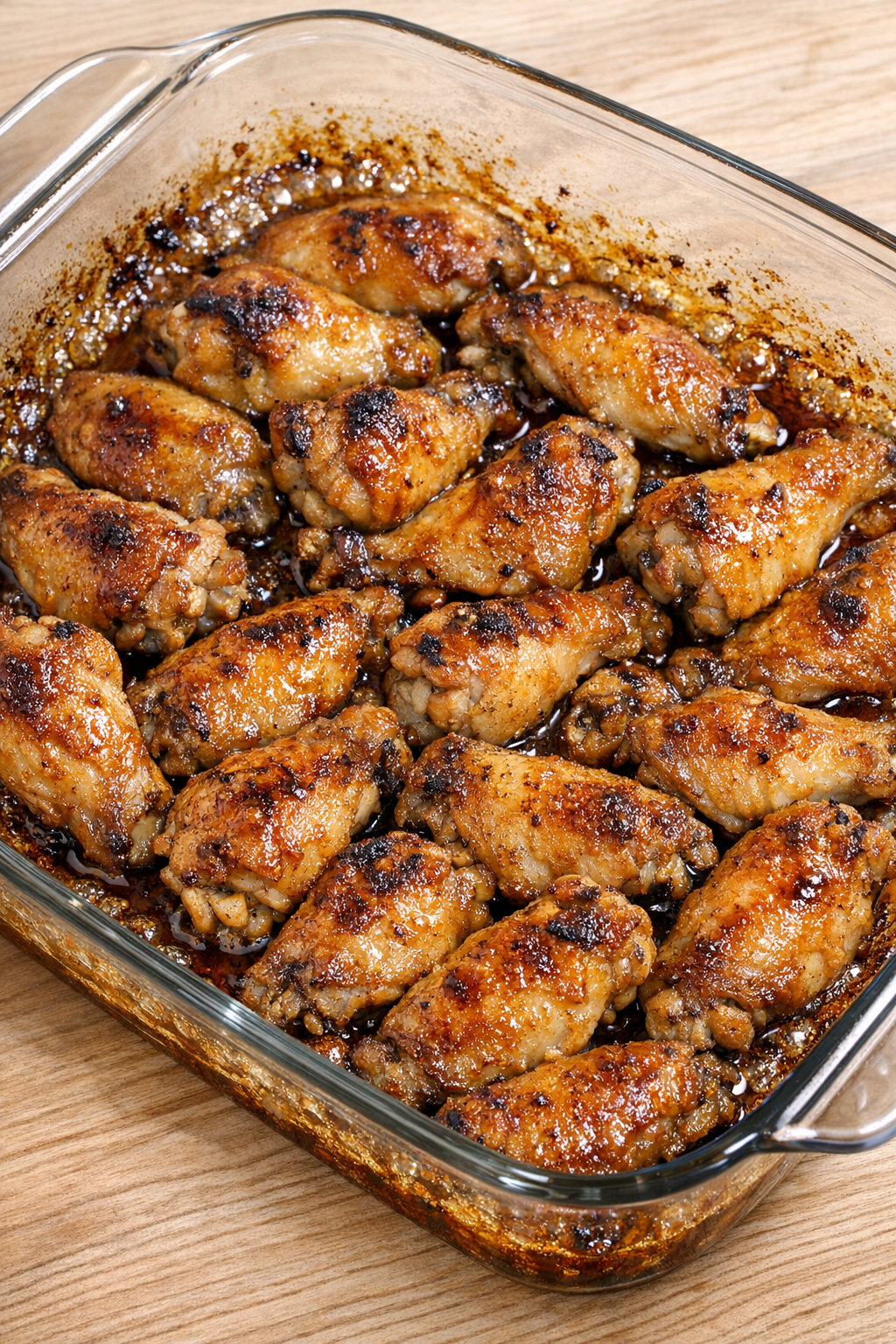 Freshly baked chicken wings with caramelized sauce in the casserole dish