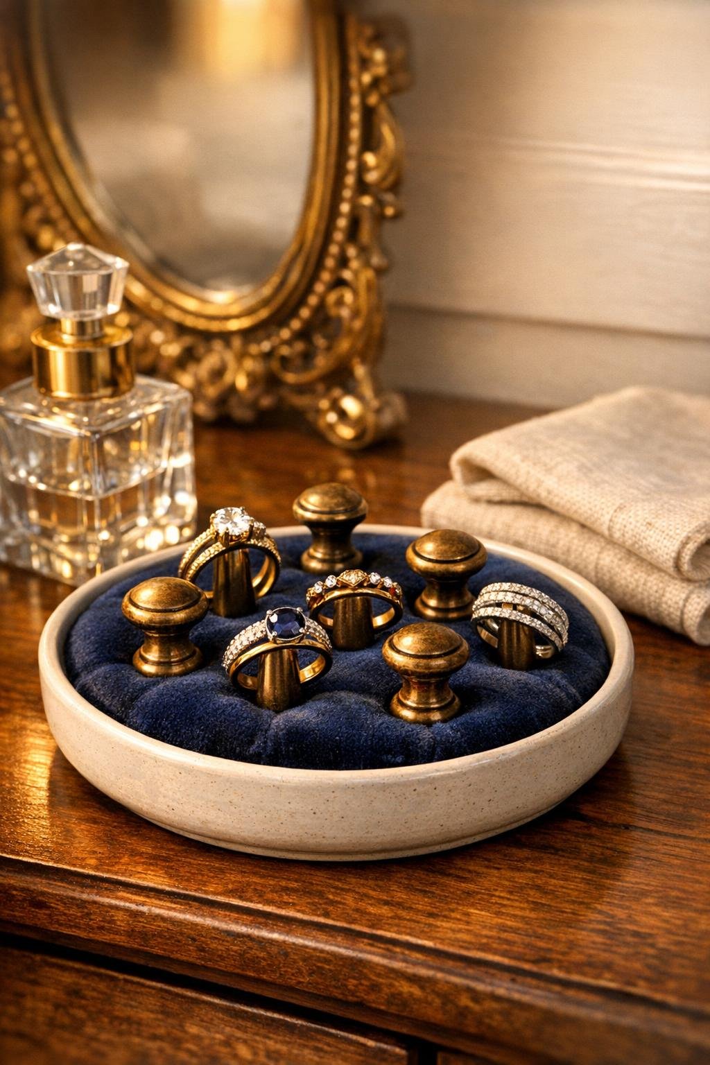 Finished navy velvet and brass knob ring holder displayed on a bedroom dresser