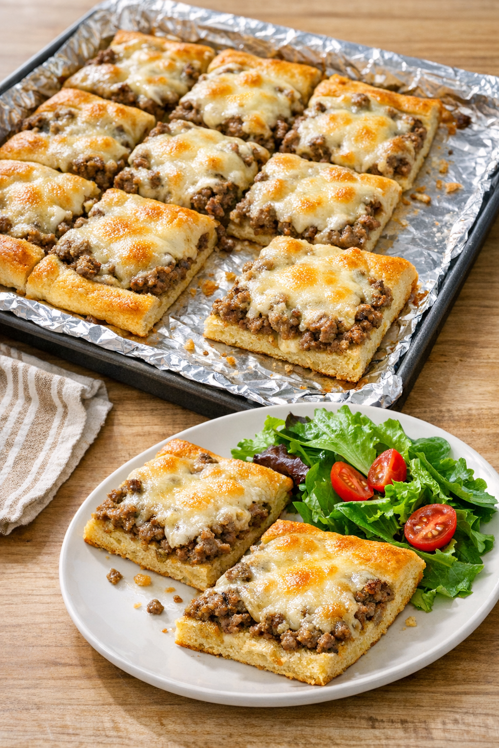 Finished beef crescent flatbread sliced and plated