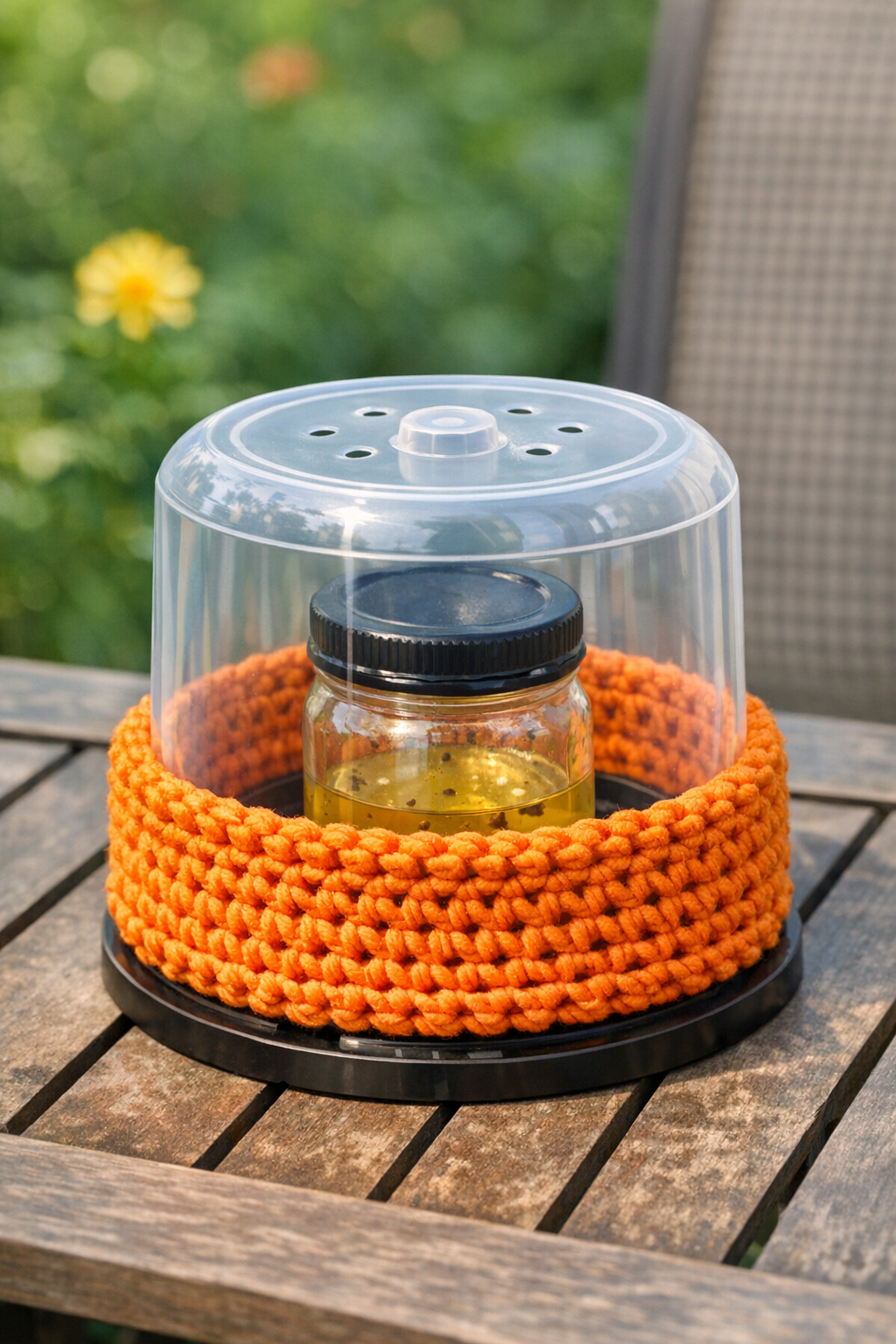 Finished crocheted fruit fly trap cover made from a CD spindle case