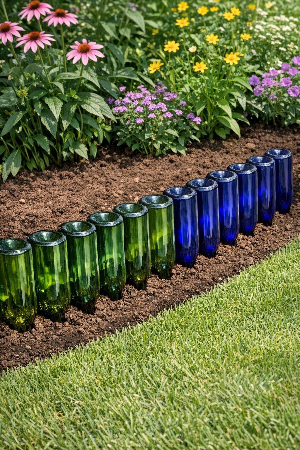 Finished bottle garden border along a flower bed
