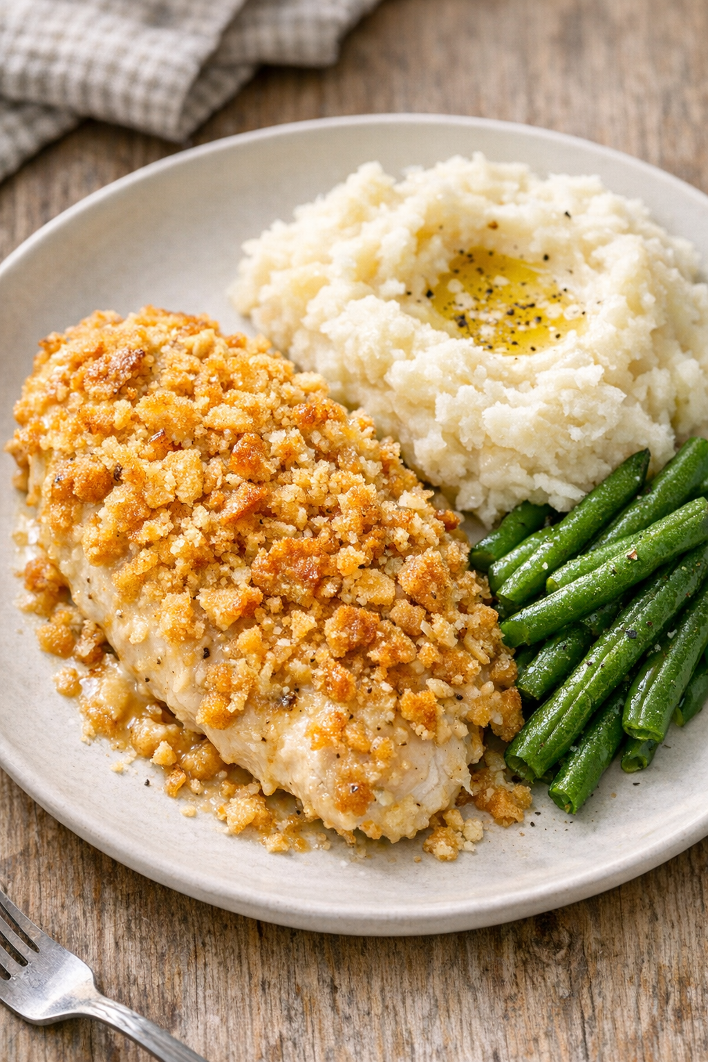 Plated cracker chicken served with comforting sides